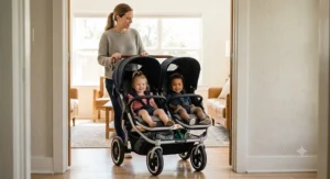 Parent pushing a side-by-side double stroller with equal-size seats through a standard doorway with ease.
