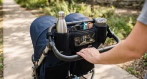Parent organizer handlebar attachment with cup holders on a side-by-side double stroller with equal-size seats.