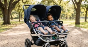Independent reclining features on a side-by-side double stroller with equal-size seats for toddler napping.