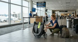 A side-by-side travel double stroller folded compactly with a bright yellow gate check tag attached.