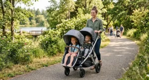 Preschooler and toddler sitting comfortably in a side-by-side travel double stroller with extended sun canopies
