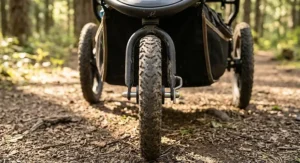 Locked front wheel mechanism on an all-terrain double jogging stroller optimized for rough trail running stability