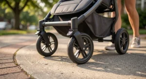 Front lockable swivel wheels on a lightweight double stroller under $200 maneuvering smoothly along a paved sidewalk