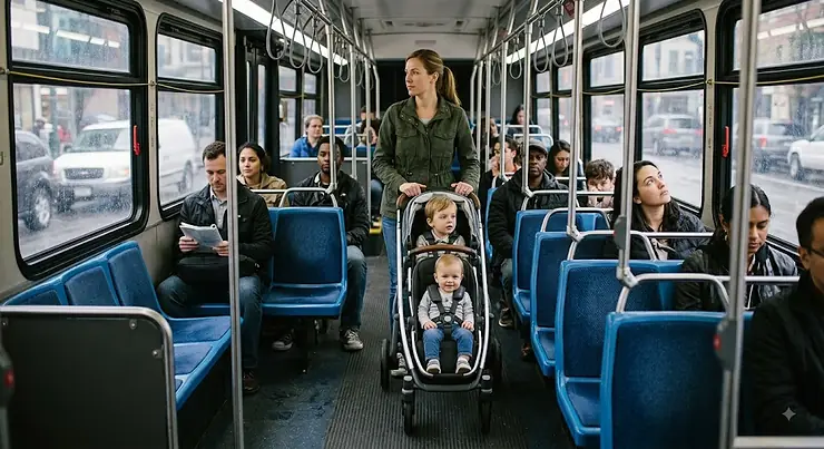 A parent navigating a compact tandem double stroller down the center aisle of a city bus.
