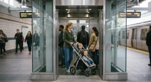 A parent using a space-saving tandem double stroller inside a metro station elevator.