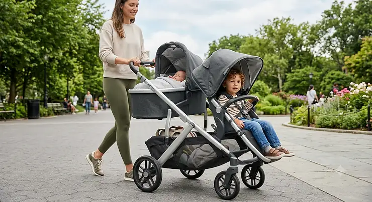 Sleek tandem double stroller for a newborn in a front bassinet and a toddler in the rear reclining seat tandem double stroller for newborn and toddler