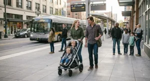 A family enjoying a smooth city ride using a versatile tandem double stroller for public transit commuting.