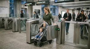 A narrow tandem double stroller easily passing through an accessible subway turnstile during a daily commute.