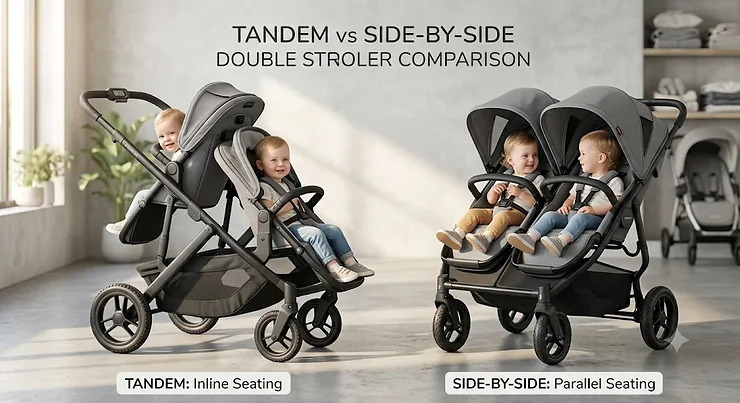 Illustration comparing a tandem double stroller next to a side-by-side double stroller for twins.