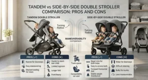 Infographic summarizing the key pros and cons of tandem vs side-by-side double strollers for twins.