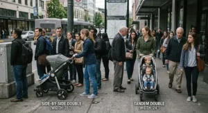 Visual comparison demonstrating how a tandem double stroller navigates crowded transit sidewalks better than a side-by-side stroller.