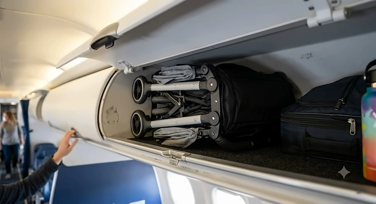 Compact travel double stroller folded neatly inside an airplane overhead bin. travel double stroller that fits airline overhead compartments