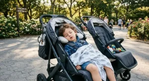 Preschooler sleeping in a fully reclining seat of a travel double stroller during a day trip