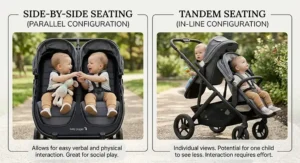 Illustration showing twins interacting side-by-side versus sitting one behind the other in a tandem stroller.