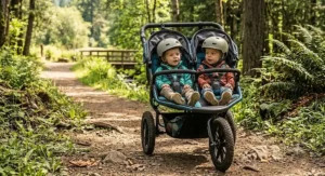 Two toddlers safely strapped with five-point harnesses inside an all-terrain double jogging stroller on a dirt trail