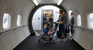 An ultra-compact tandem lightweight double stroller easily rolling down a narrow jet bridge towards the plane.