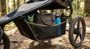 Large underseat storage cargo basket packed with diaper bag and water bottles on a double trail jogger