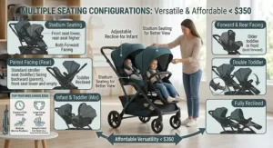 Illustration of multiple seating configurations on a tandem double stroller under $350 including stadium seating and reclining seats.