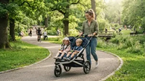 An affordable sit-and-stand stroller under $200 being pushed by a parent along a paved park path on a sunny afternoon.