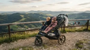 Large air-filled tires on an all-terrain twin jogging stroller for trail runs parked on a gravel overlook.