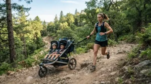 A runner using the tether strap on an all-terrain twin jogging stroller for trail runs on a downhill slope.