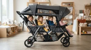 A value sit-and-stand stroller under $200 with its large sun canopy fully extended to protect a sleeping child from UV rays.