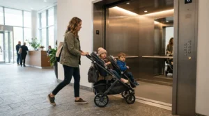 Parents pushing a compact twin stroller for cruise vacations through a crowded cruise ship elevator doorway.
