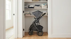 A folded compact twin stroller for cruise vacations stored upright in a small cruise ship cabin wardrobe closet.