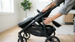 A parent demonstrating how a compact twin stroller for cruise vacations folds down to a small size.