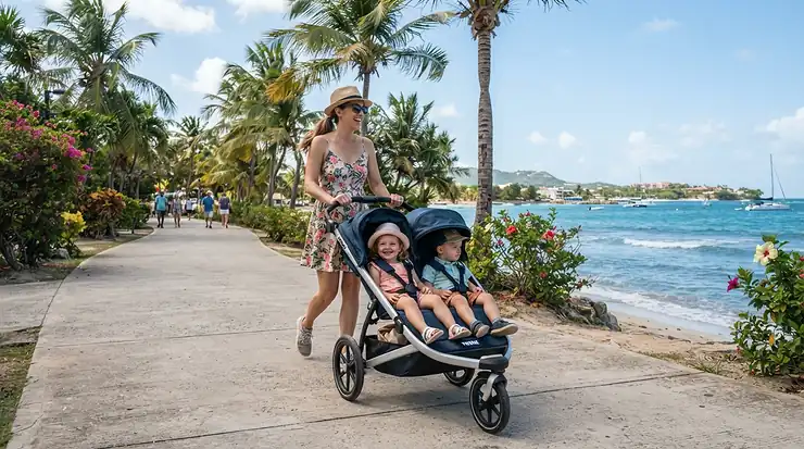 A family using a compact twin stroller for cruise vacations during a sunny island port excursion near the docks.