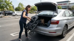 Compact folding twin stroller for newborn twins being loaded into a car trunk