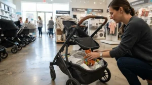 Showing the accessible under-seat storage on a sit-and-stand stroller for grocery store trips