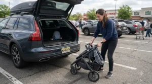 Folding sit-and-stand stroller for grocery store trips being loaded into a car trunk