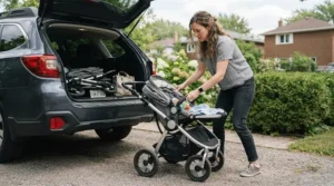 Demonstration of folding an infant twin stroller for NICU graduate twins for a car trunk.