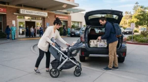 Parents loading an infant twin stroller for NICU graduate twins outside the hospital exit doors.