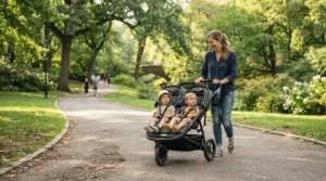 An infant twin stroller for NICU graduate twins being pushed along a sunny suburban park walking path.