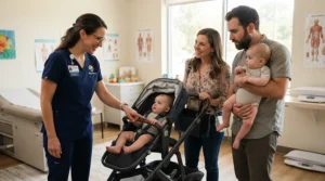 An infant twin stroller for NICU graduate twins being discussed during a pediatrician consultation in a bright clinic.
