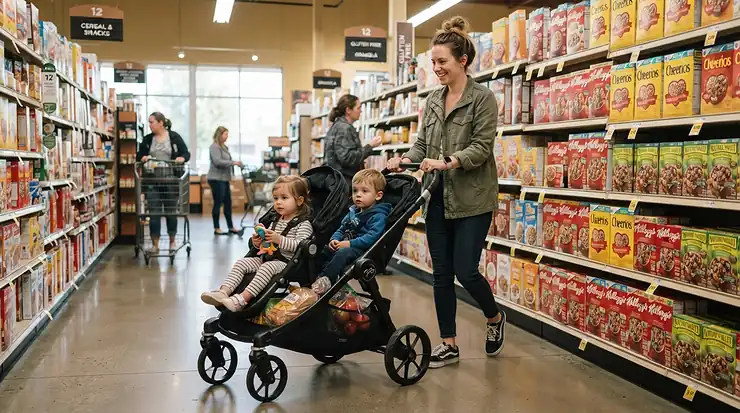 An infant twin stroller for NICU graduate twins navigating a grocery store aisle with a large storage basket.