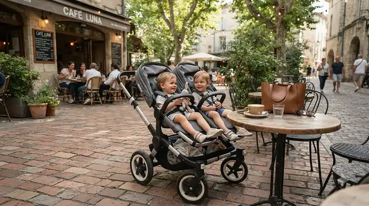 An infant twin stroller under $400 parked neatly beside an outdoor patio table at a local cafe.