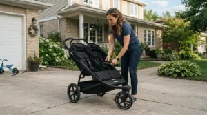 A parent easily collapsing an infant twin stroller under $400 outside a suburban family home.