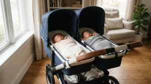 A newborn resting comfortably in an infant twin stroller under $400 featuring a full flat recline.