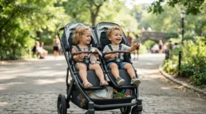Two toddlers sitting side by side securely in an infant twin stroller under $400 with high weight limits.