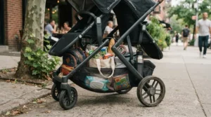 Large storage basket loaded with diaper bags underneath an infant twin stroller under $400.