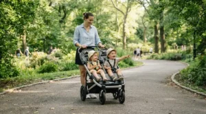 An infant twin stroller under $400 being pushed along a sunny park pathway with lush green trees.