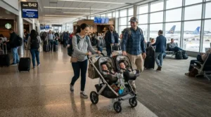 An infant twin stroller with car seat adapters navigating the busy floor of a modern airport terminal.