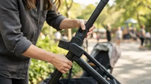 Close-up view of the click-in adapter mechanism on an infant twin stroller with car seat adapters being adjusted.