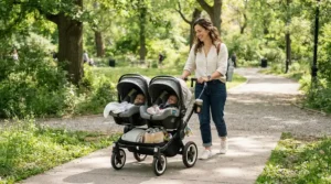 An infant twin stroller with car seat adapters securely holding two matching carriers on a sunny park pathway.