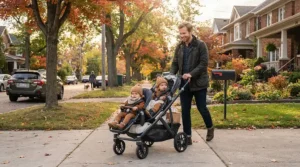 An infant twin stroller with car seat adapters being pushed by a smiling father in a residential neighborhood.