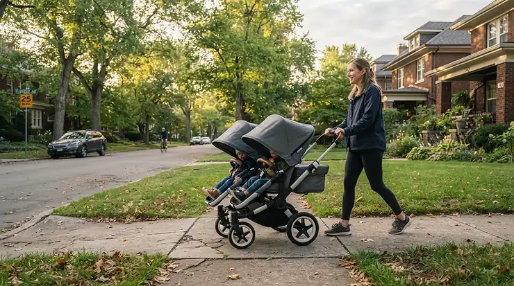An infant twin stroller with car seat adapters featuring canopy shades deployed on a sunny morning walk.