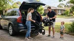 A complete infant twin stroller with car seat adapters loaded near a car trunk during a family road trip.